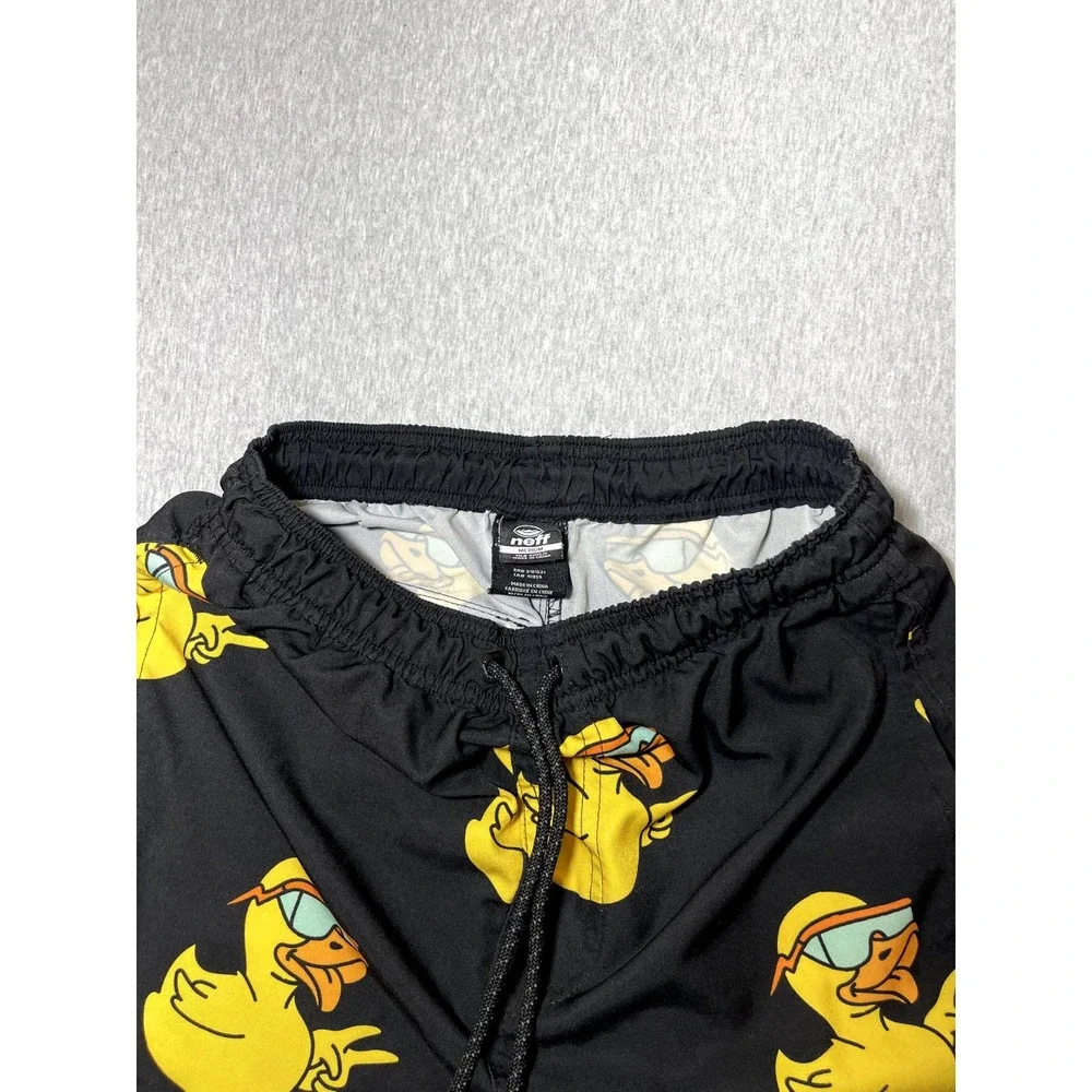 Neff Swim Shorts Mens M Black Yellow Duck Peace Sign Graphic Boardshorts